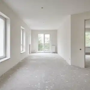 Wnętrze mieszkania po remoncie pokryte pyłem budowlanym