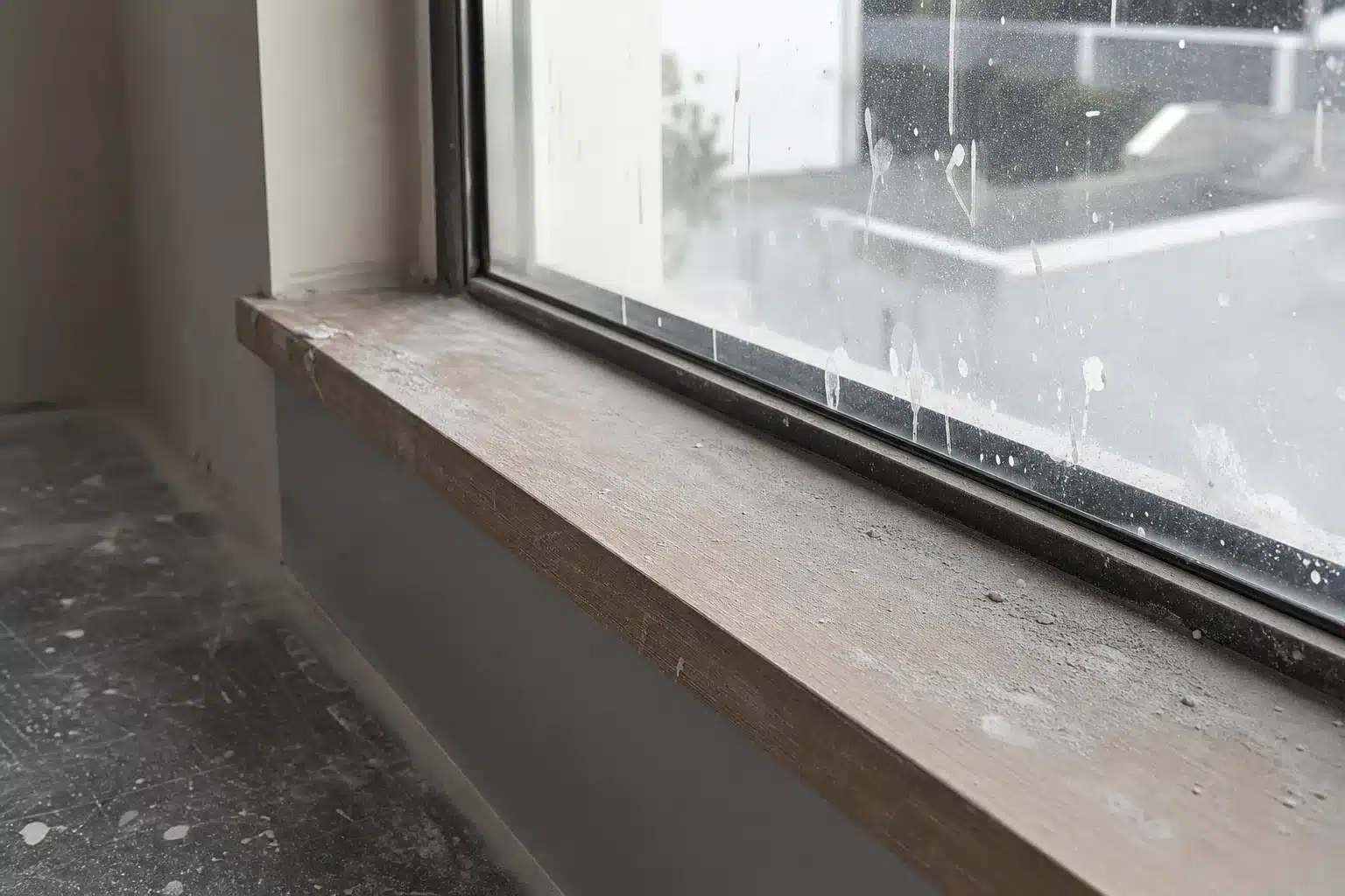 Pył budowlany i ślady farby na parapecie i podłodze po remoncie