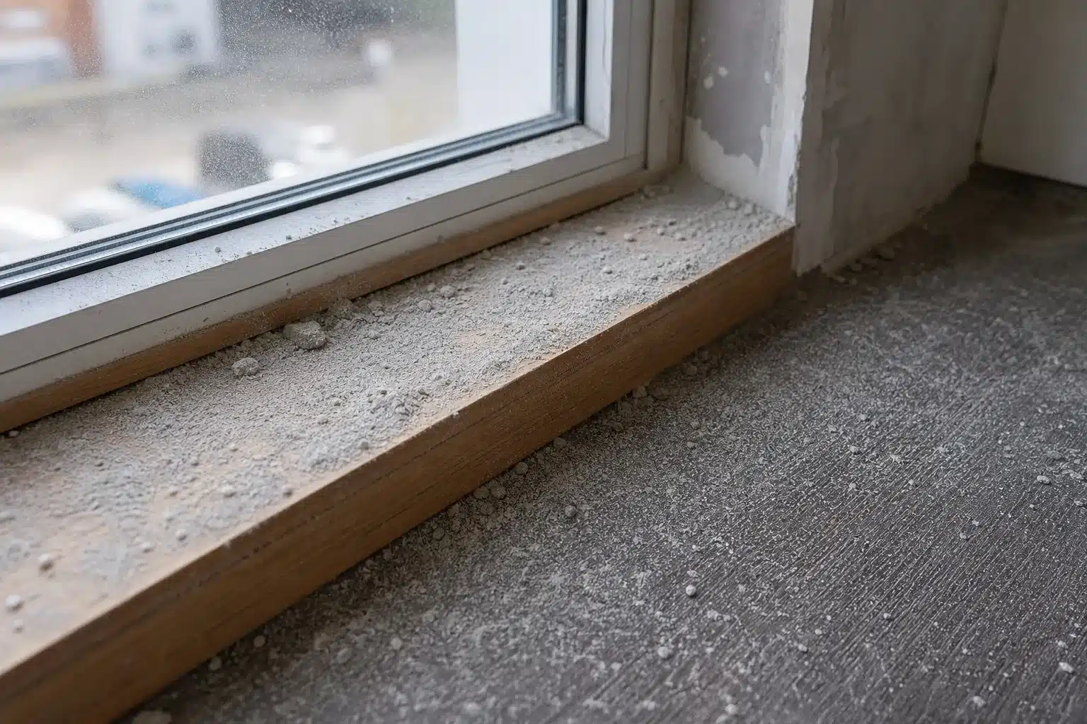 Drobny pył gipsowy osiadły na parapecie i podłodze po remoncie