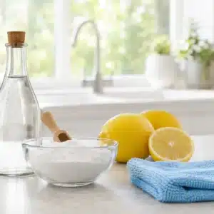 Naturalne środki do sprzątania bez chemii: ocet, soda i cytryna w jasnej kuchni