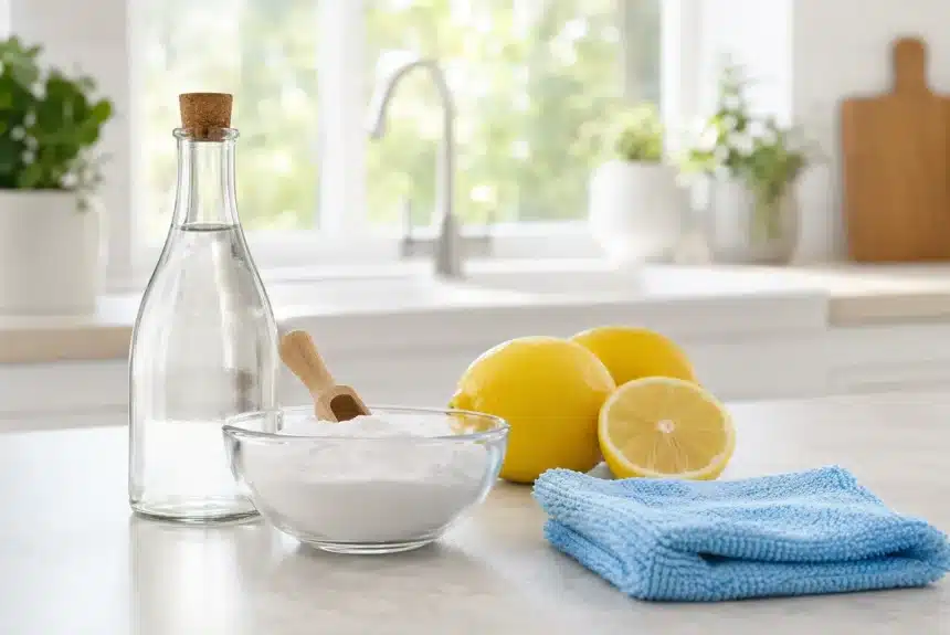 Naturalne środki do sprzątania bez chemii: ocet, soda i cytryna w jasnej kuchni