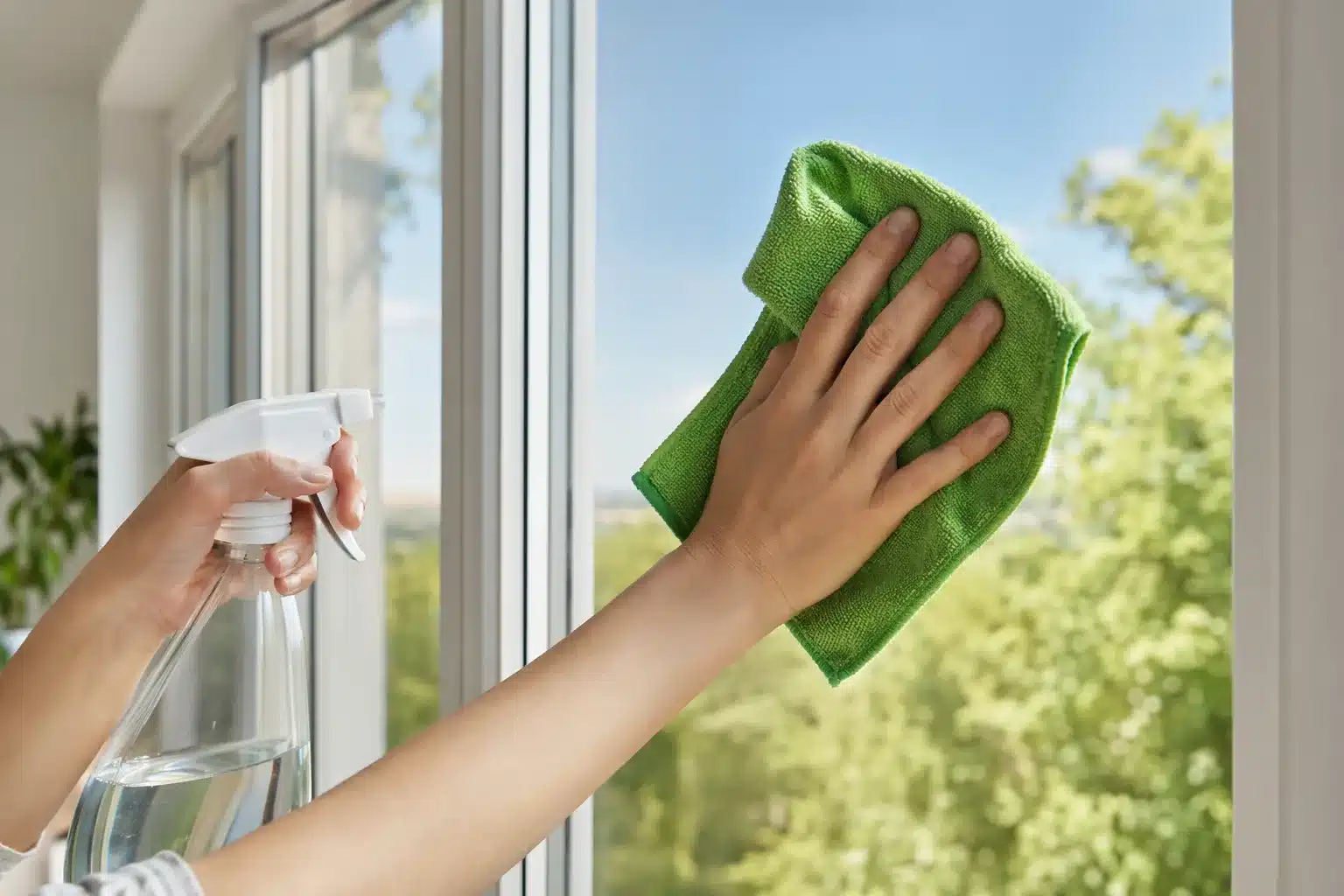 Mycie okna mikrofibrą i octem podczas sprzątania ekologicznego bez chemii
